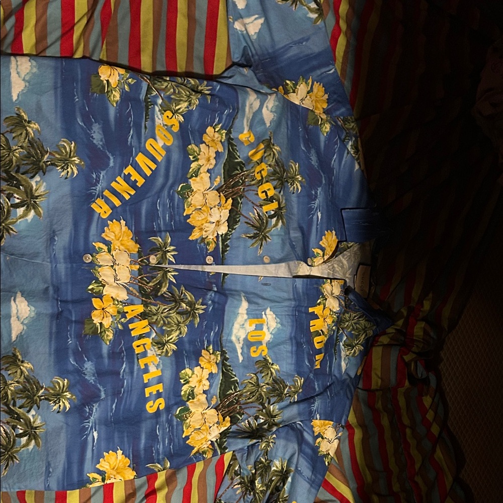 Gucci Hawaiian button top Blue and Yellow shirt.